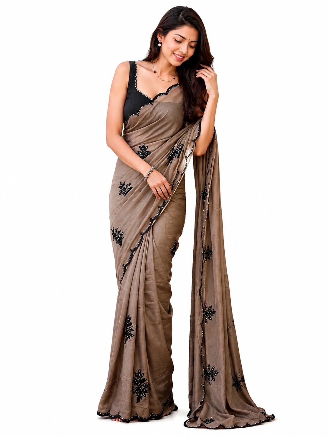 Women's Rangoli Silk Sequence Embroidered Cutwork Boardered Saree With Unstitched Blouse Piece (Choco Brownie_Coffee_Free Size)-image-39