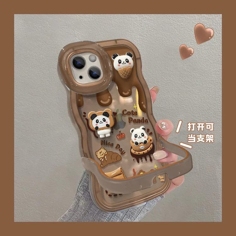 Image of COVERLY 3D Cute Creative Bear Panda Cartoon Chocolate Coffee Decor Wave Curly Edge Invisible Double Phone Stand Holder Hard Happy Doll Cover Girly Charm Case for Apple iPhone 17 (Brown)