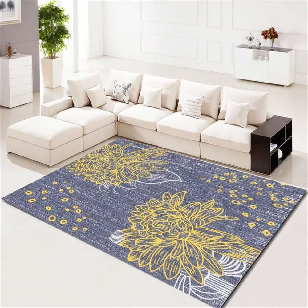 Tapis enfant chambre fille doux et lavable jaune grand motif de fleurs