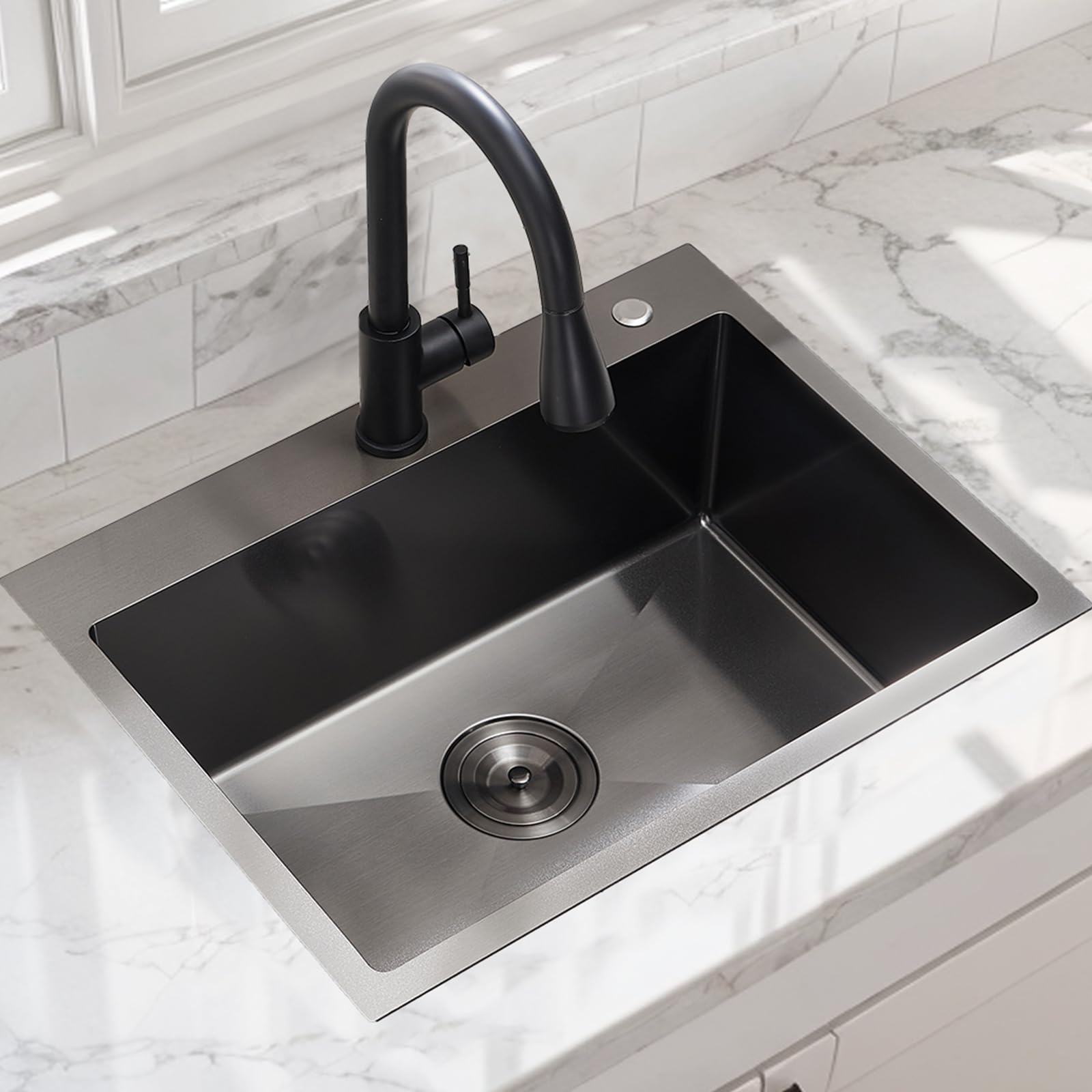Lavello da cucina da 61 cm, 61 x 45 cm, in acciaio inossidabile nero canna di fucile, lavello da bar Topmount a vasca singola per camper e lavanderia per esterni con scarico