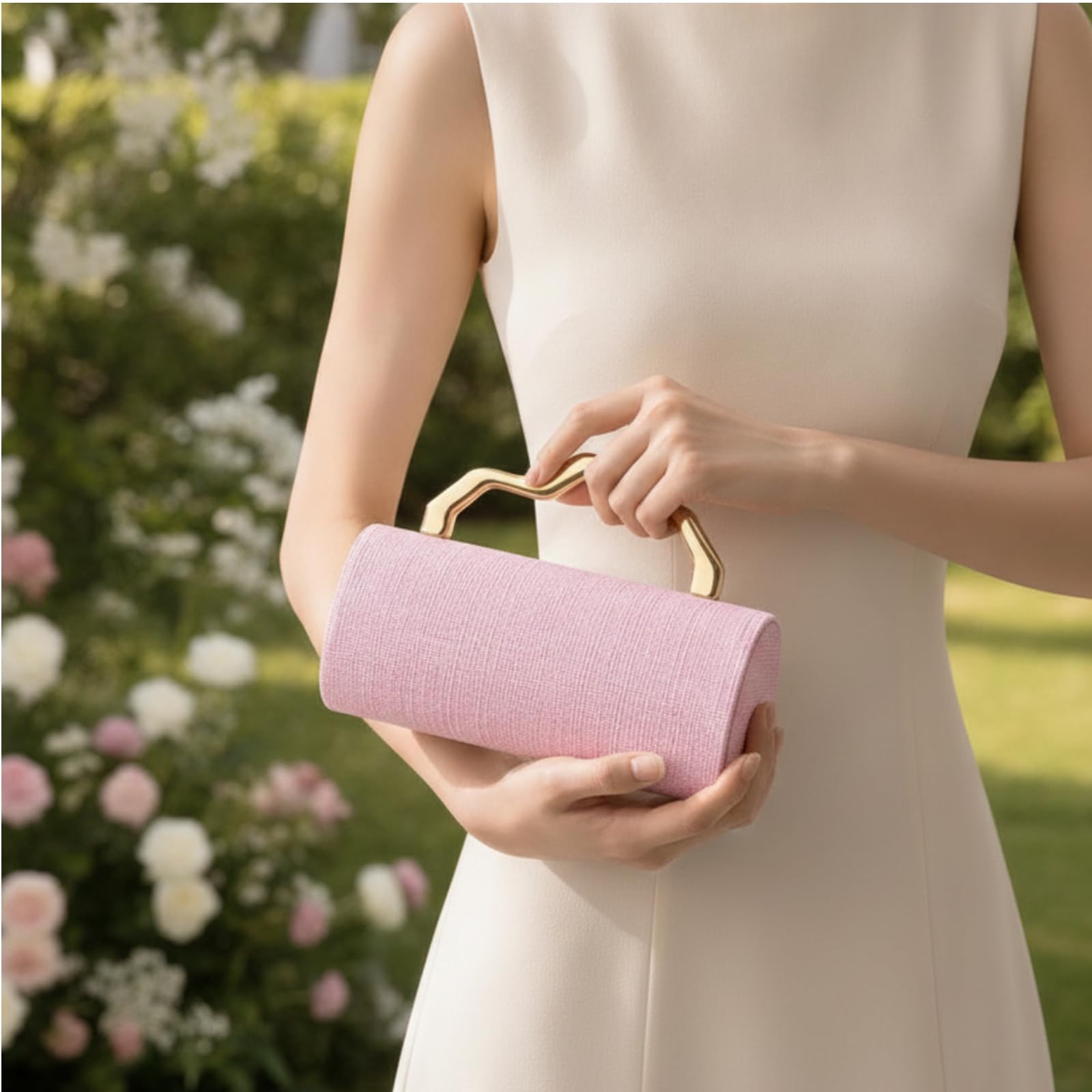 Bolso de Noche de Hombro Clutch Cartera Diseño Estructurado con Silueta Esculpida y Asa Dorada Forro de Algodón y Compartimento Adecuado para Bodas Cenas Elegantes, Array, Rosa