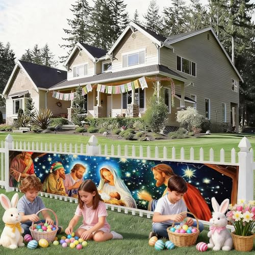Image of Christmas Starry Night Outdoor Banner 78.7 x 17.7 Inch Peaceful Glow Sky with Warm Lights and Festive Stars Elegant Holiday Backdrop for Yard Porch Garden Fence or Home Decoration