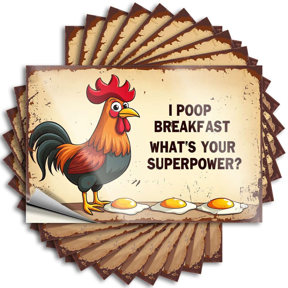 A Cartoon Rooster with Three Fried Eggs Metal Sticker | Hot Cocoa Bar Decor Waterproof Vinyl Case Christmas Removable Decal Peel Stick(6X9CM)