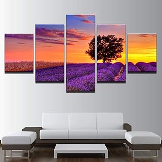 YJJPP Stampe su Tela Dipinti Soggiorno Wall Art No Quadro 5 Pezzi Viola Campo di Lavanda Albero Tramonto Paesaggio Immagini Decorazioni per la casa