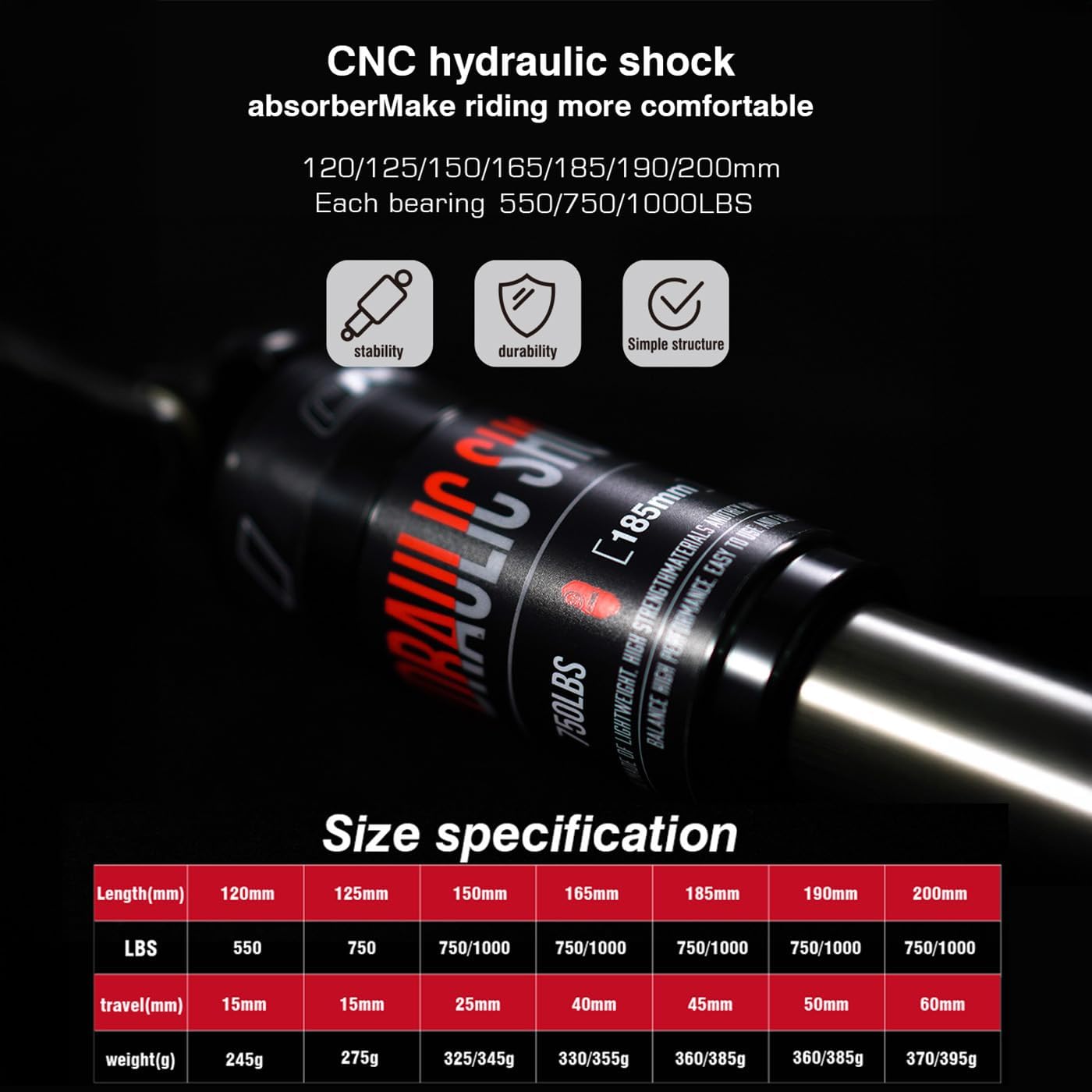 CNC Mountain Bike Rear Shock 120mm/125mm/150mm/165mm/185mm/190mm/200mm,Bicycle Shock Absorber- Hydraulic Rear Suspension Shock for Mtb/Mtn/ebike/Dmn.165mm x750lbs