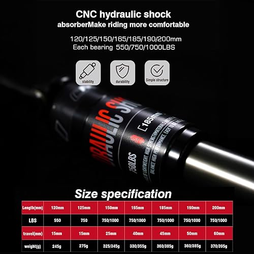 Miniatura 4 de CNC Amortiguador trasero hidráulico para bicicleta de montaña MTB de 6.496in x 1000 libras