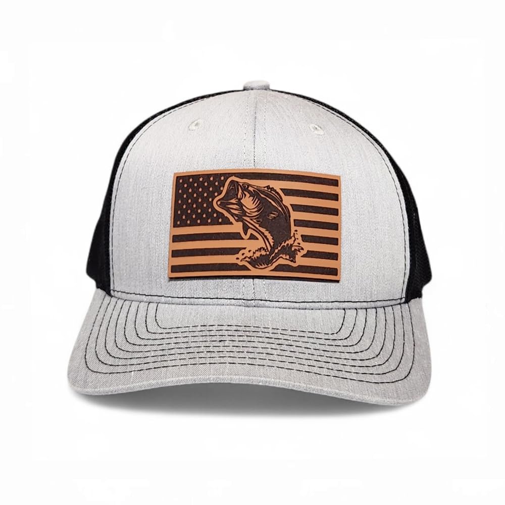 Fishing Hat for Men Snapback Trucker Hat Fishing Gifts for Fisherman American Flag Fish Hat Father's Day Birthday for Dad Husband Leather Patch Baseball Cap Multi