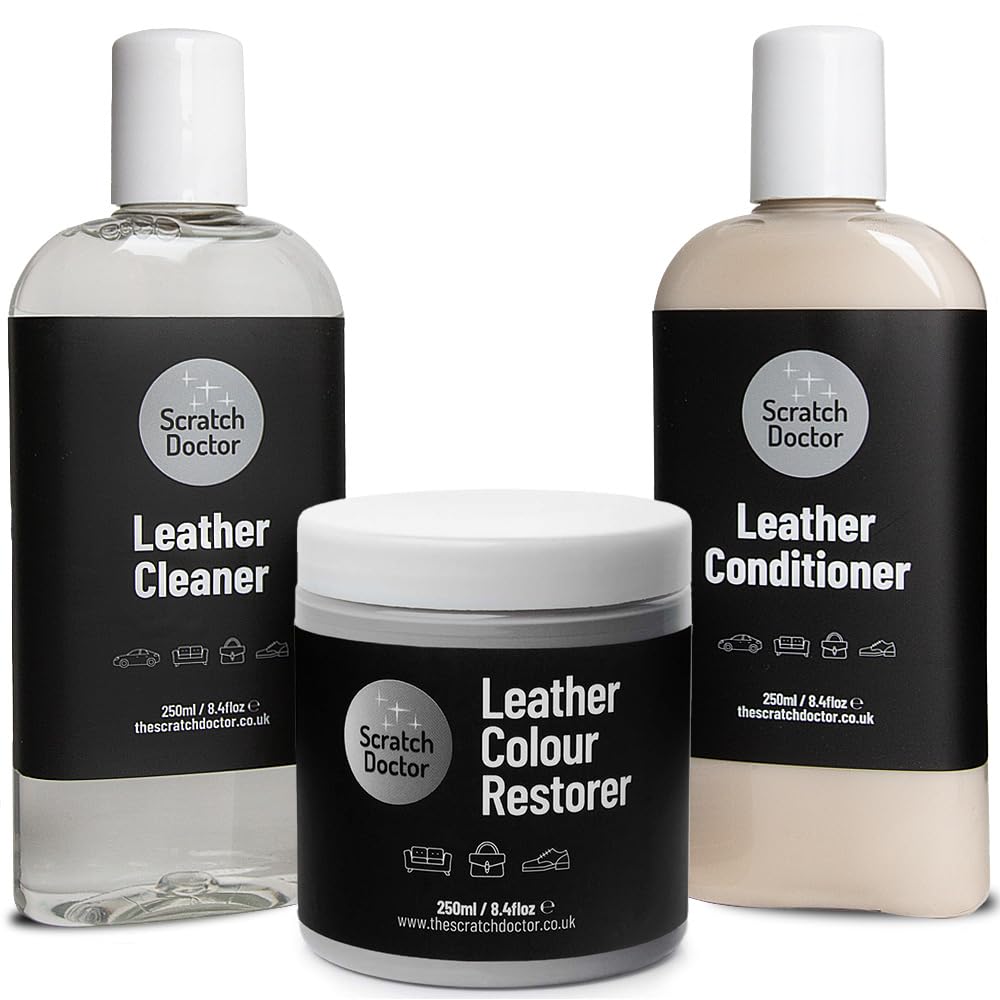 Scratch Doctor kompletny zestaw do odświeżania skóry, jasnoszary, 250 ml, środek do czyszczenia skóry, regenerujący kolor, odżywka, nadaje się do sof, foteli samochodowych, toreb, butów