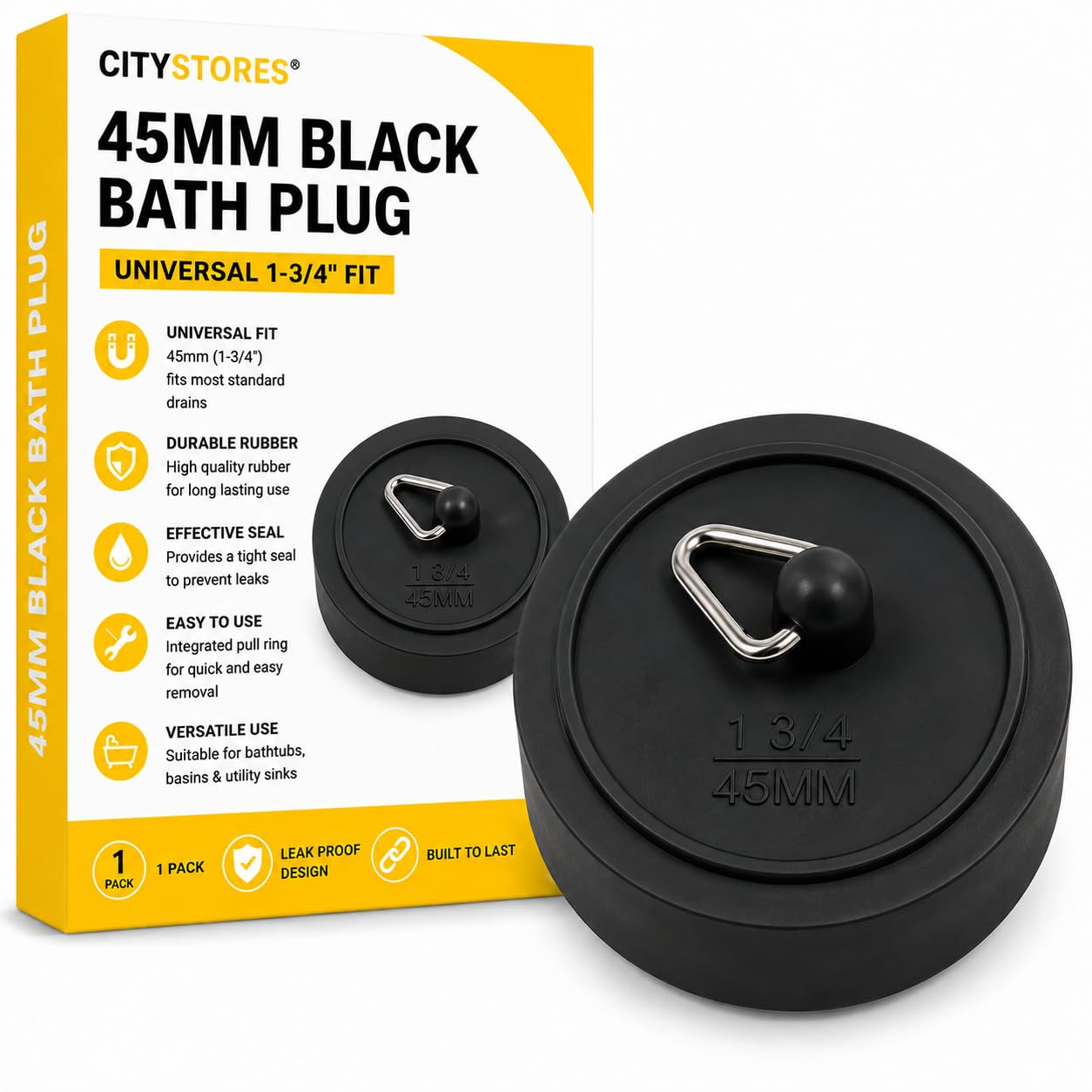Citystores® 45mm Black Bath Plug – Universal Rubber Bath & Basin Plug 1¾" (45mm) Sink Stopper for Bathtubs, Basins & Utility Sinks