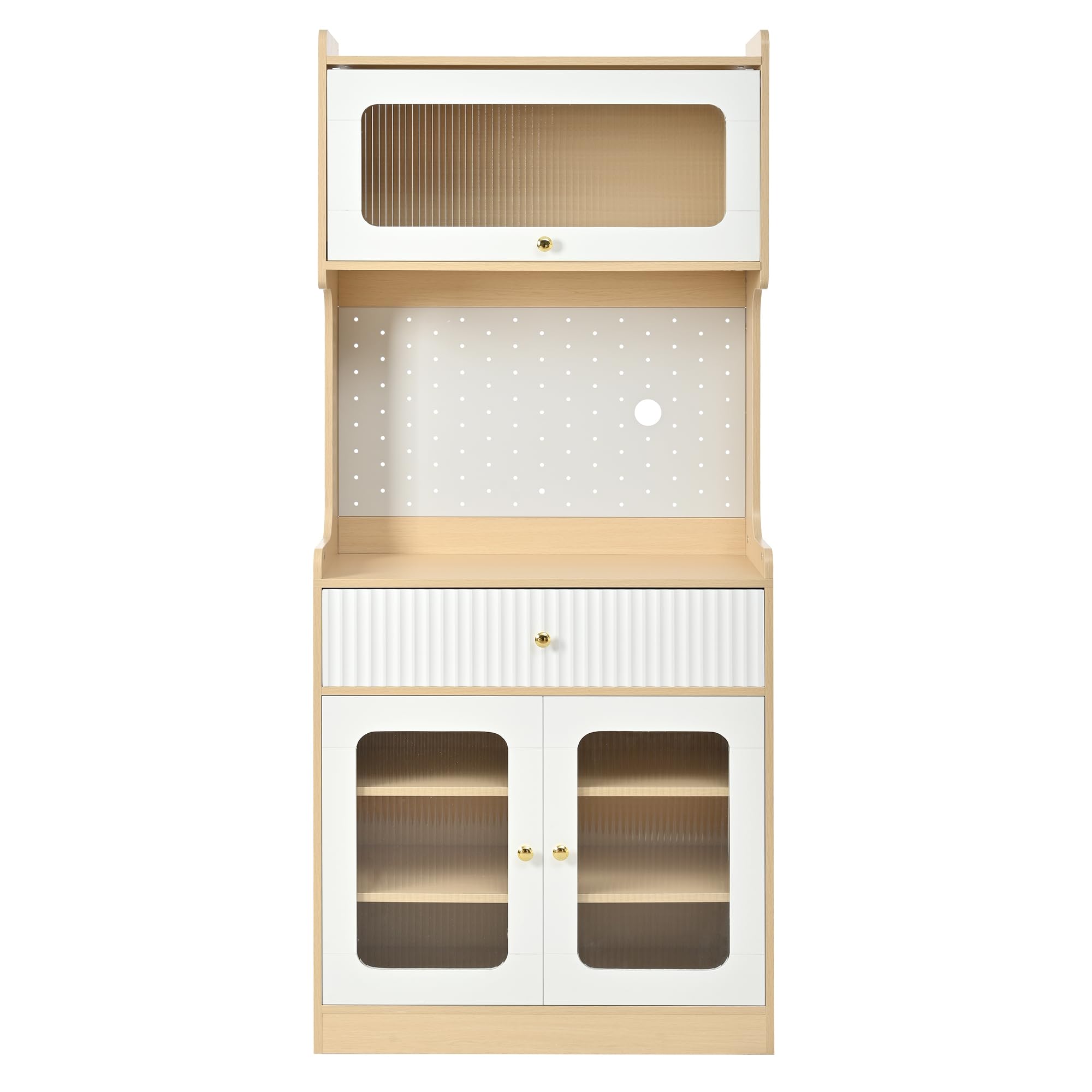 MURUL Highboard naturale/bianco, con LED, vetro scanalato, ripiani regolabili e cassetti, ideale per cucina, sala da pranzo e soggiorno