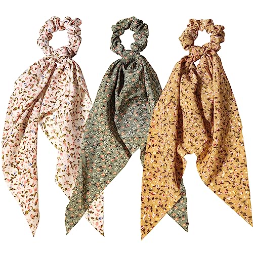 3pcs Women Ribbon Scrunchies Bow Knotted Classic Floral Pattern Hair Ties Vintage Bunny Ear Ponytail Holders Hair Accessories