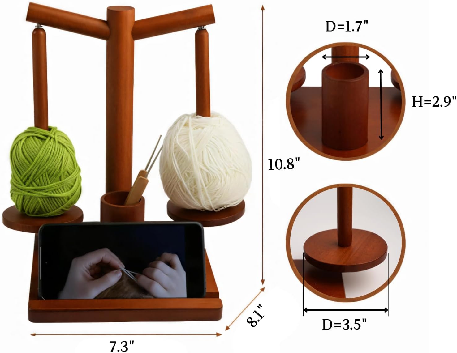 Crochet Yarn Holder with Phone Stand, Magnetic Double Spindles Yarn Holder Spinner, Solid Wood Yarn Spinner with Crochet Accessories Storage, Walnut