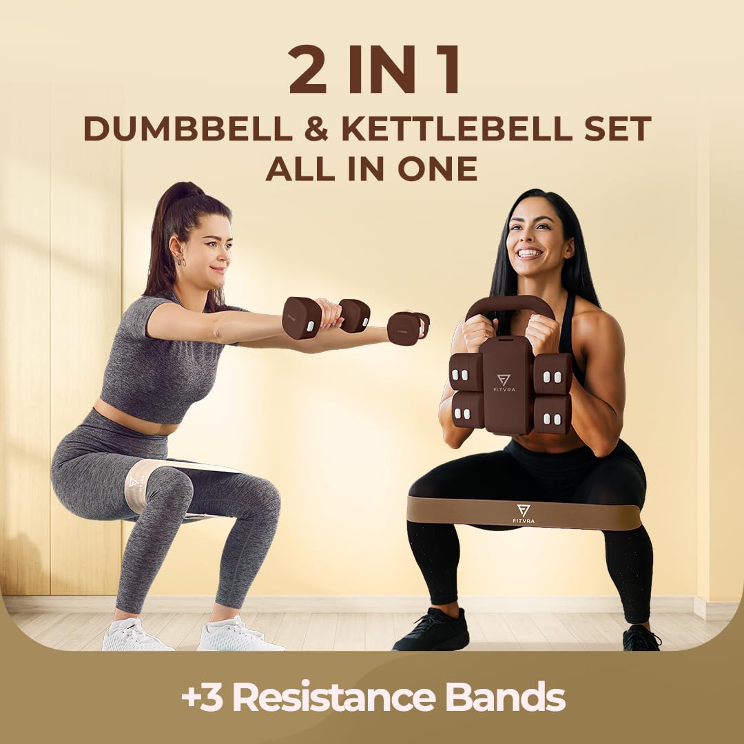 Regulowane hantle 2 w 1, zestaw hantli i brązowy kettlebell | Regulowane hantle do domowej siłowni: hantle 1-3 kg, kettlebell 2,5-6,5 kg i 3 gumki