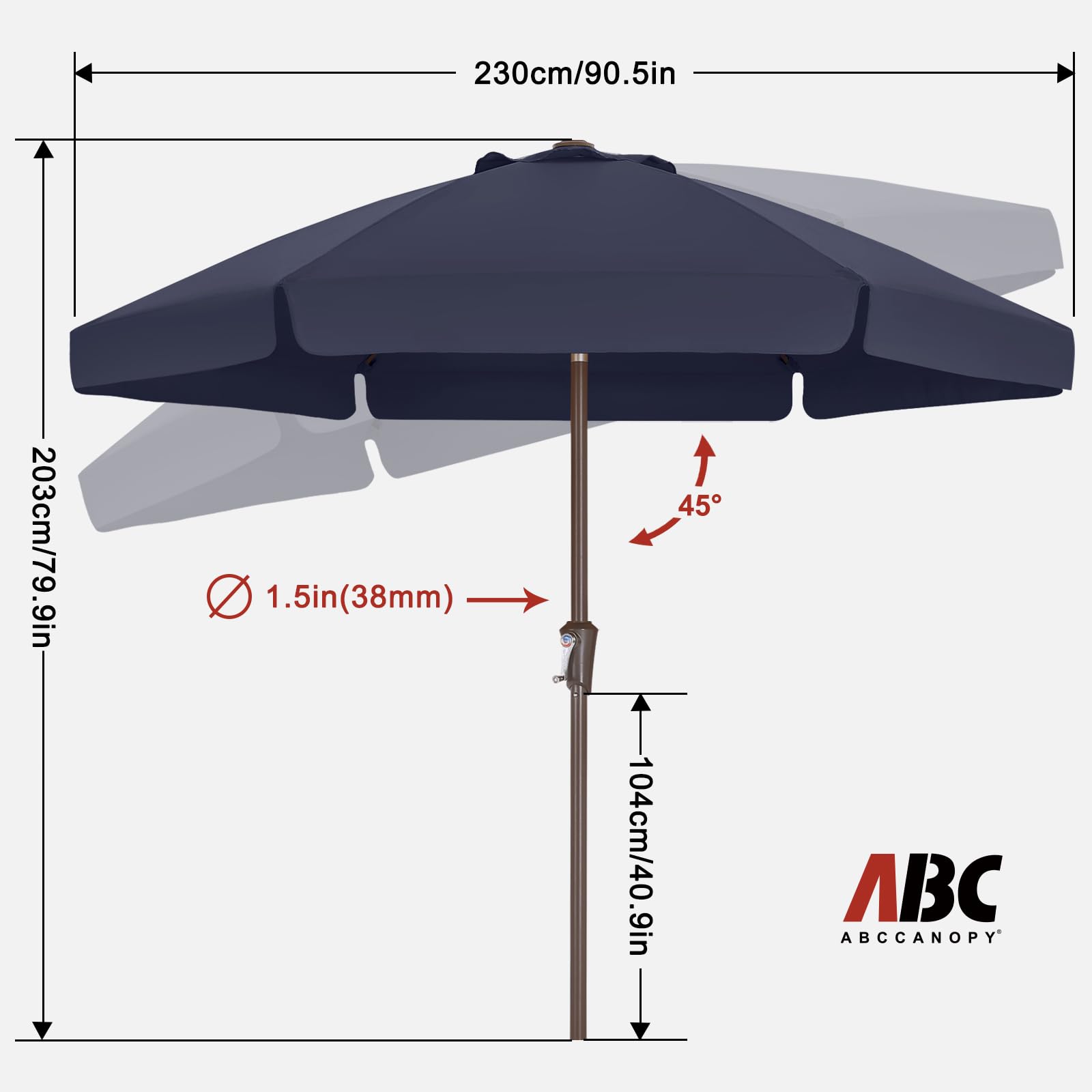 ABCCANOPY Sombrilla de patio de 2,3 m con inclinación y manivela para jardín, terraza, patio trasero y piscina, azul marino