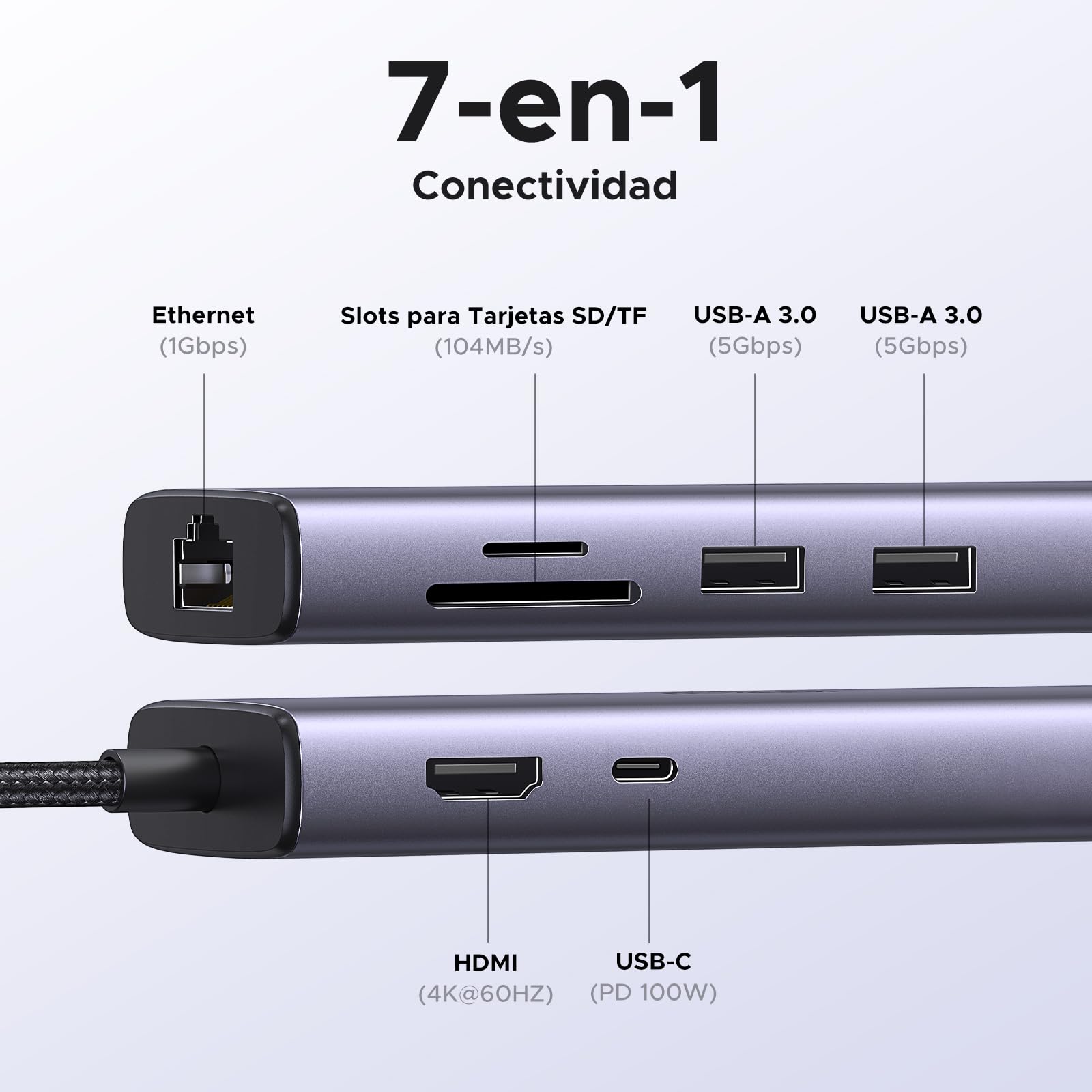 UGREEN Revodok 107 Hub USB C HDMI 4K 60Hz Adaptador Tipo C Ethernet RJ45 Gigabit Lector Tarjeta SD TF PD 100W Carga Docking Station Compatible con MacBook Neo iPad Pro Air iPhone 17 Pro MAX Air