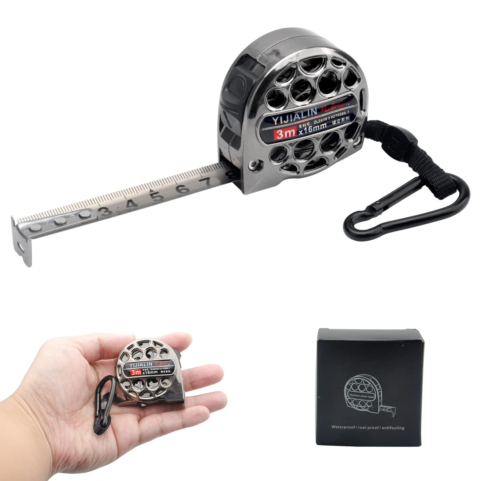 Retractable Tape Measure, Hollow Stainless Steel Tape Measure, High Precision Retractable Hollow Tape Measure, Nickel Plated Stainless Steel Tape Measure for Industry and Home (3m x 16mm