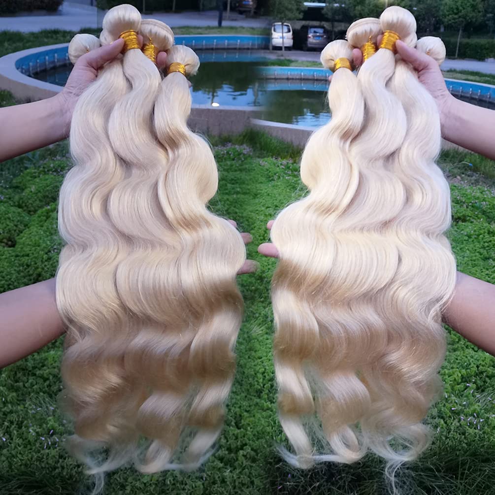 613 Hair Body Wave Bundles with Closure 613 Honey Blonde 3 Bundles with Lace Closure 100% Unprocessed Brazilian Virgin Body Wave Human Hair 3 Bundles with 4x4 Lace Closure Free Part (20 22 24+18)