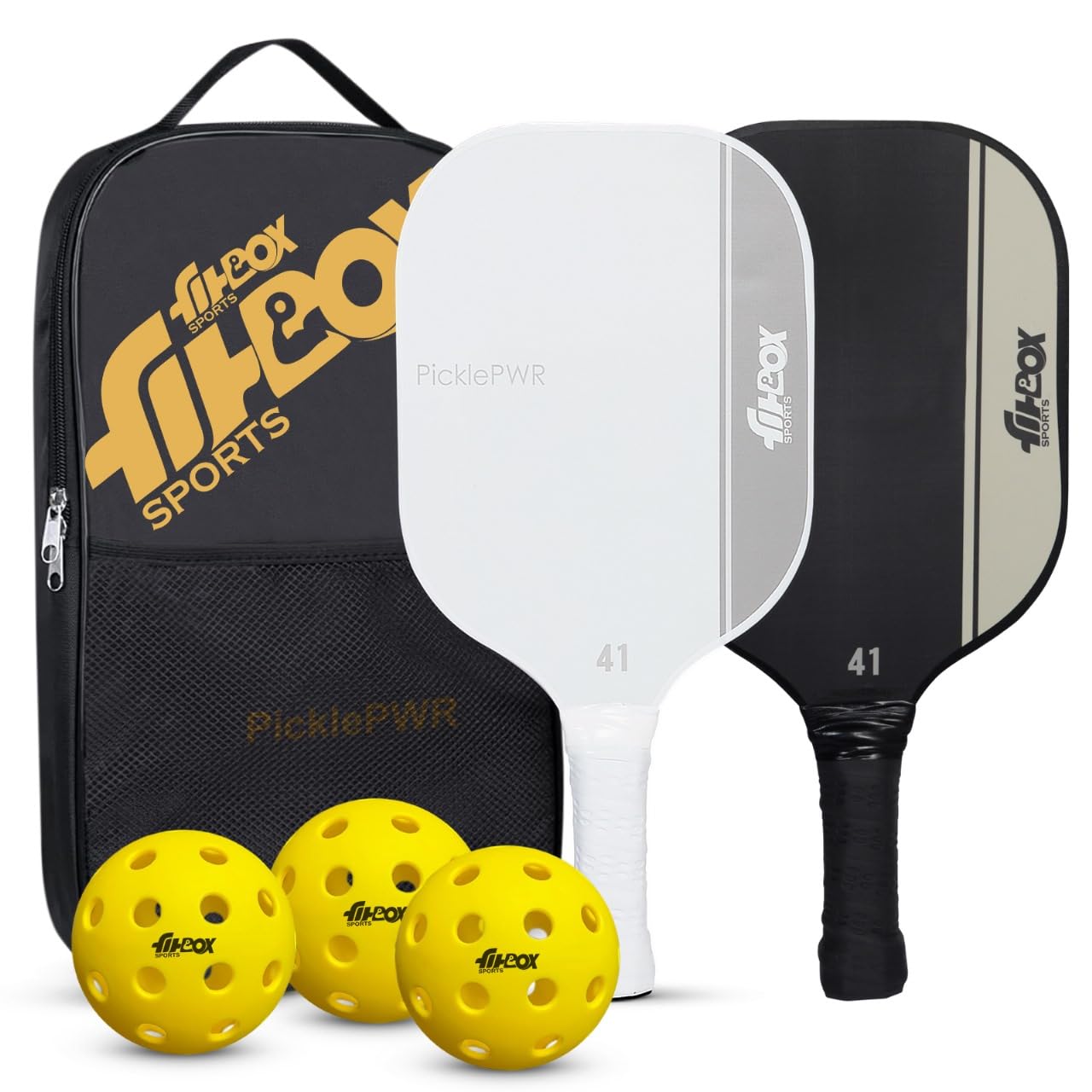 FitBox Sports PicklePWR Pickleball Paddles Set – High-Performance Premium Boarded Composite Surface with Cushion Grip | All Skill Levels | Includes Protective Cover & 3 Balls - Black/Offwhite-image-13