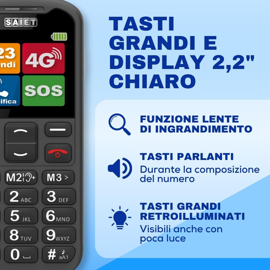 SAIET Next 4G Cellulare per Anziani con SOS, Tasti Grandi e Audio Forte | Telefono 4G VoLTE con Tasto SOS a 5 Numeri, Foto Contatti e Base di Ricarica, Display 2.2 a Caratteri Grandi - Nero
