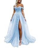 Off The Shoulder Tulle Prom Dresses 2025 for Women Sparkly Lace Appliques Ball Gowns Formal Evening Dresses with Slit