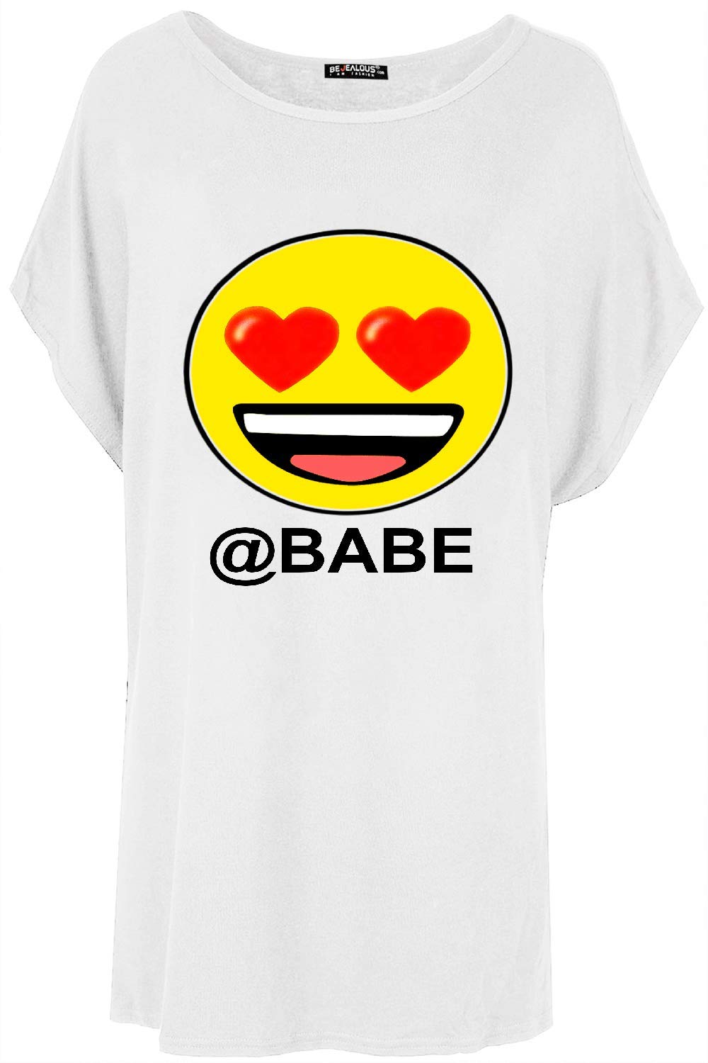 Be JealousWomens Emoji Heart Smile Babe Loose Fit Oversized T-Shirt Emoji White M/L (UK 12/14)