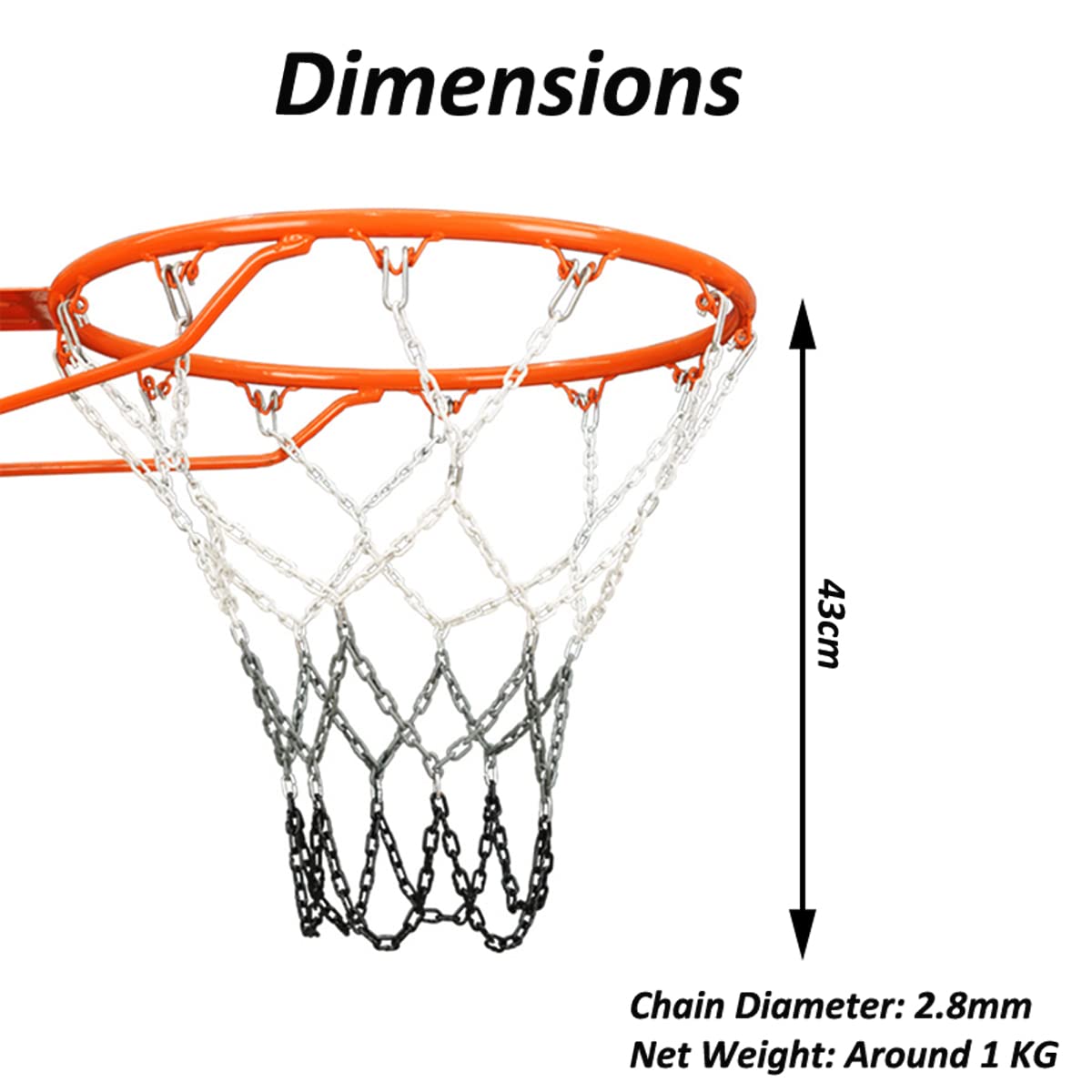 2LBS Basketball Net Chain Outdoor Heavy Duty, Chain Basketball Net Rust Proof Outdoor (Grey+Black)