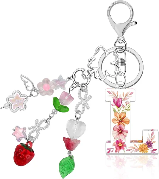 Lukiisoo Pink Initial Letter Keychains, Aesthetic Y2K Key Chain, Sweet Butterfly Star Strawberry Keyring for Women Bag Charms