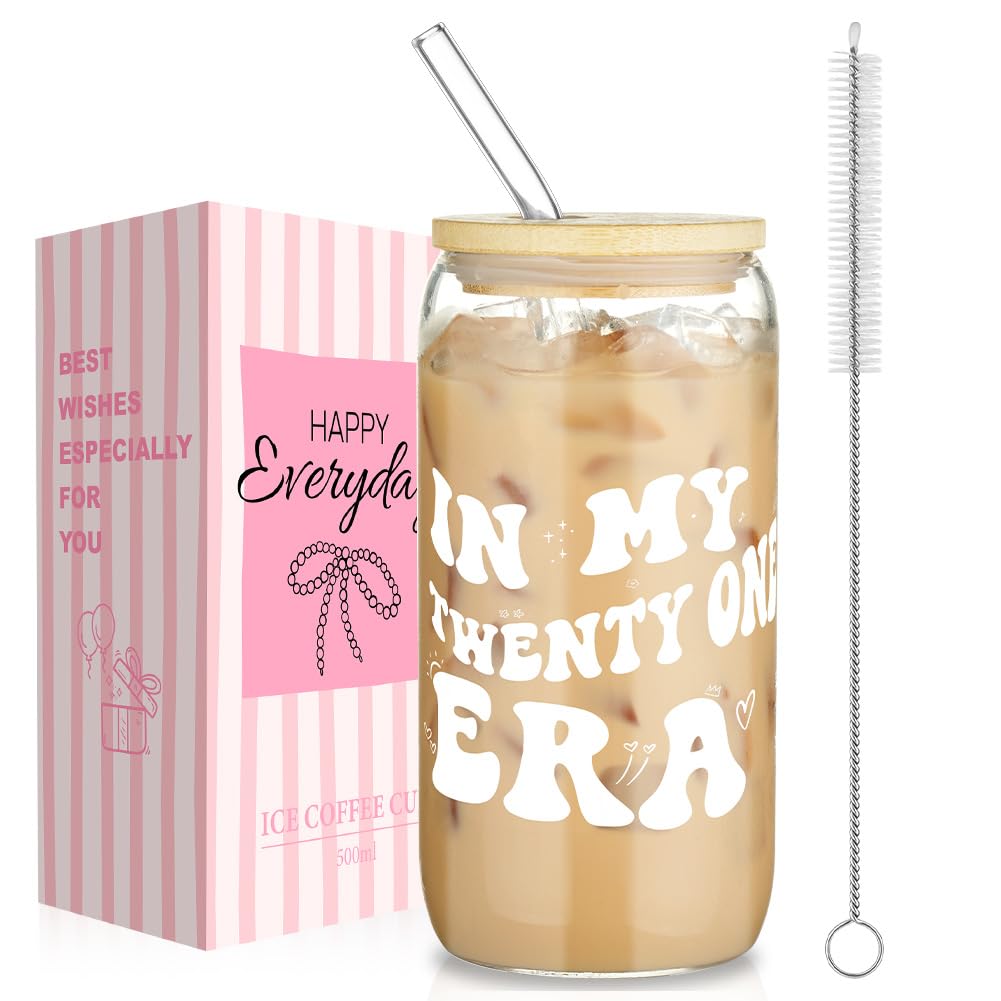 AOOTE 21th Birthday Creative Travel Mug, 500ml Coke Cup, Can Shaped Glasses with Airtight Bamboo Lids, Glass Straws & Straw Cleaning Brush, 21th Birthday Present for Family and Friends