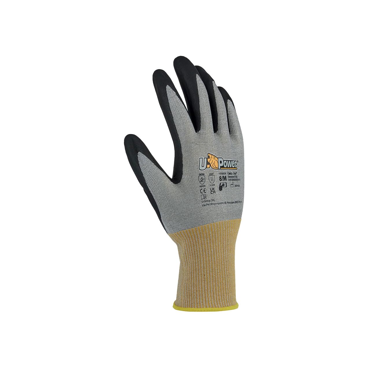 U Power Polka Guantes trabajo prevención Soporte nailon y spandex Recubrimiento nanoespuma nitrilo Protección resistente a cortes con burbujas en U contra riesgos mecánicos Gris 11/XXL 144 piezas