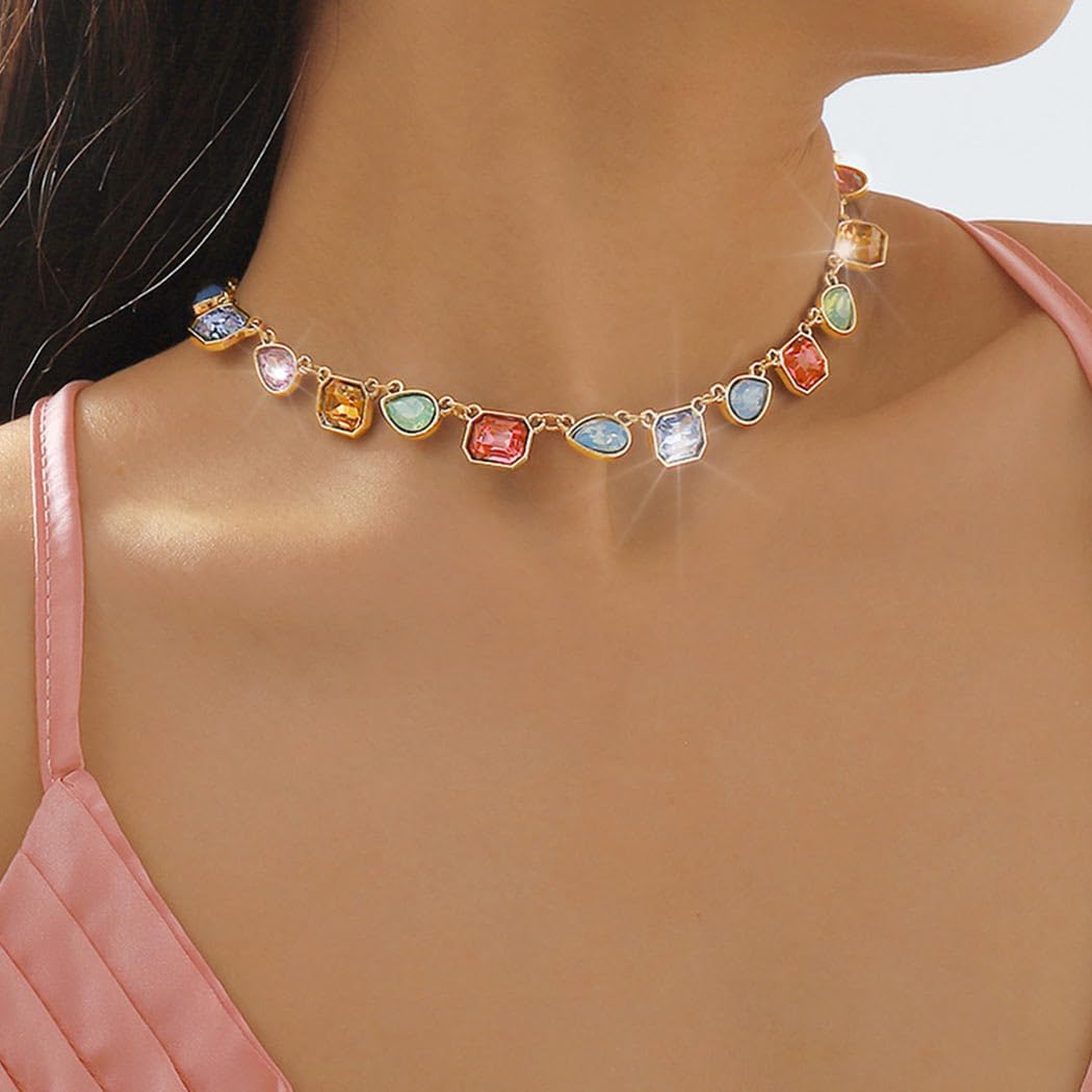 Jovono Colorful Rhinestone Choker Necklace Sparkly Crystal Necklaces Chain Party Prom Necklace Jewelry for Women - Image 3