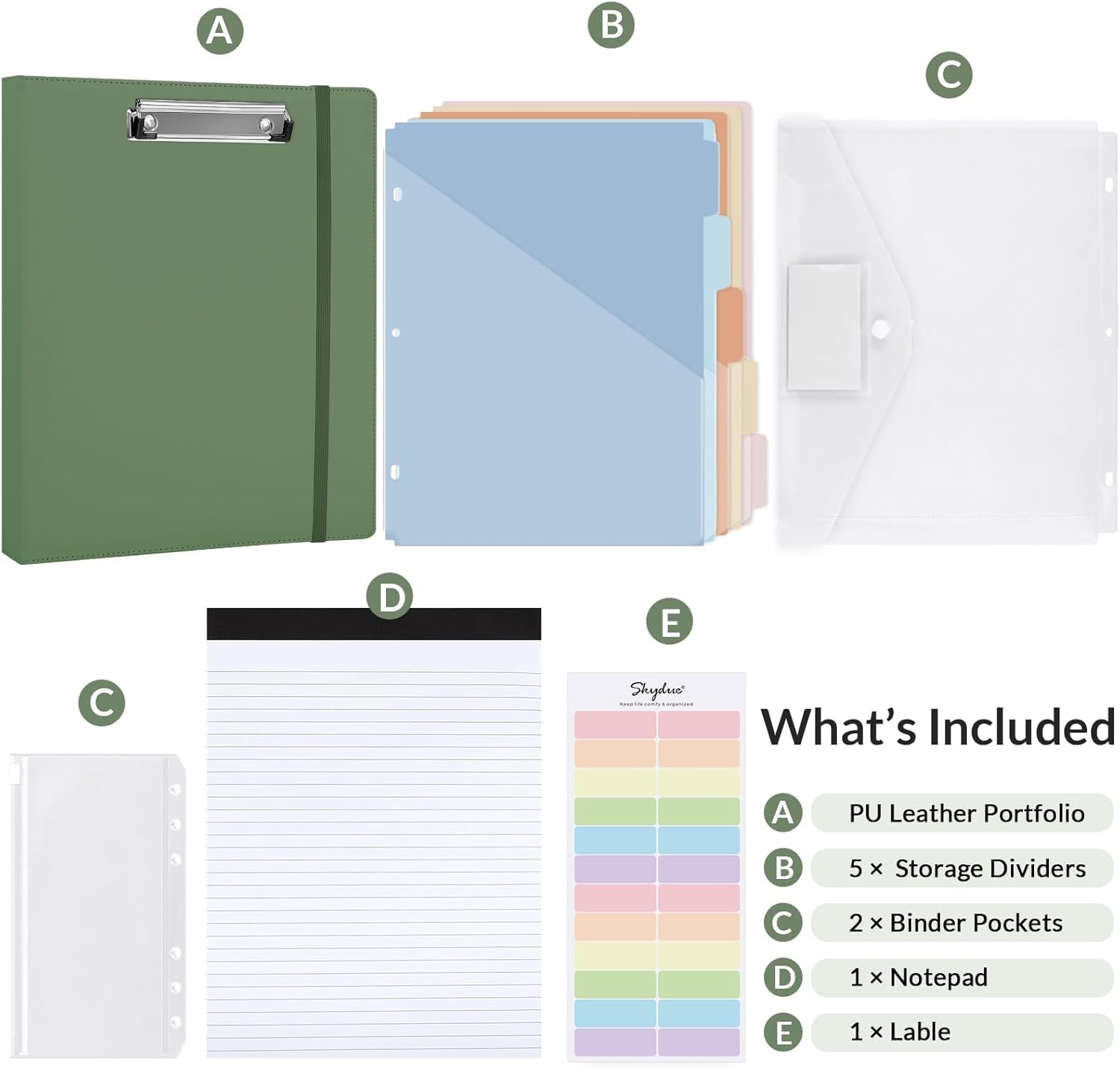 SKYDUE Clipboard Binder with Refillable Notepad, PU Clipboard Folder Includes 5 Dividers with 10 Pockets, Labels, 3 Ring Binder 1 Inch for School Office (Fit Letter Sized Paper),Olivegreen - Image 3