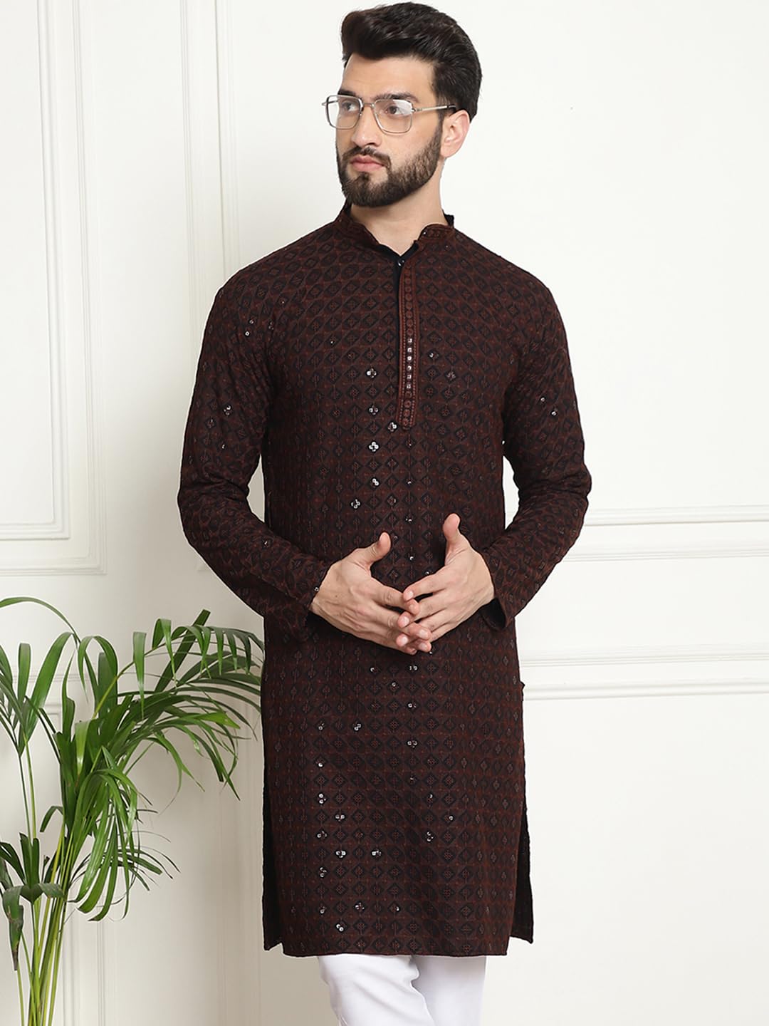 Sojanya (Since 1958 Men's Cotton Contrast Embroidered Sequinned Coffee Brown Long Kurta