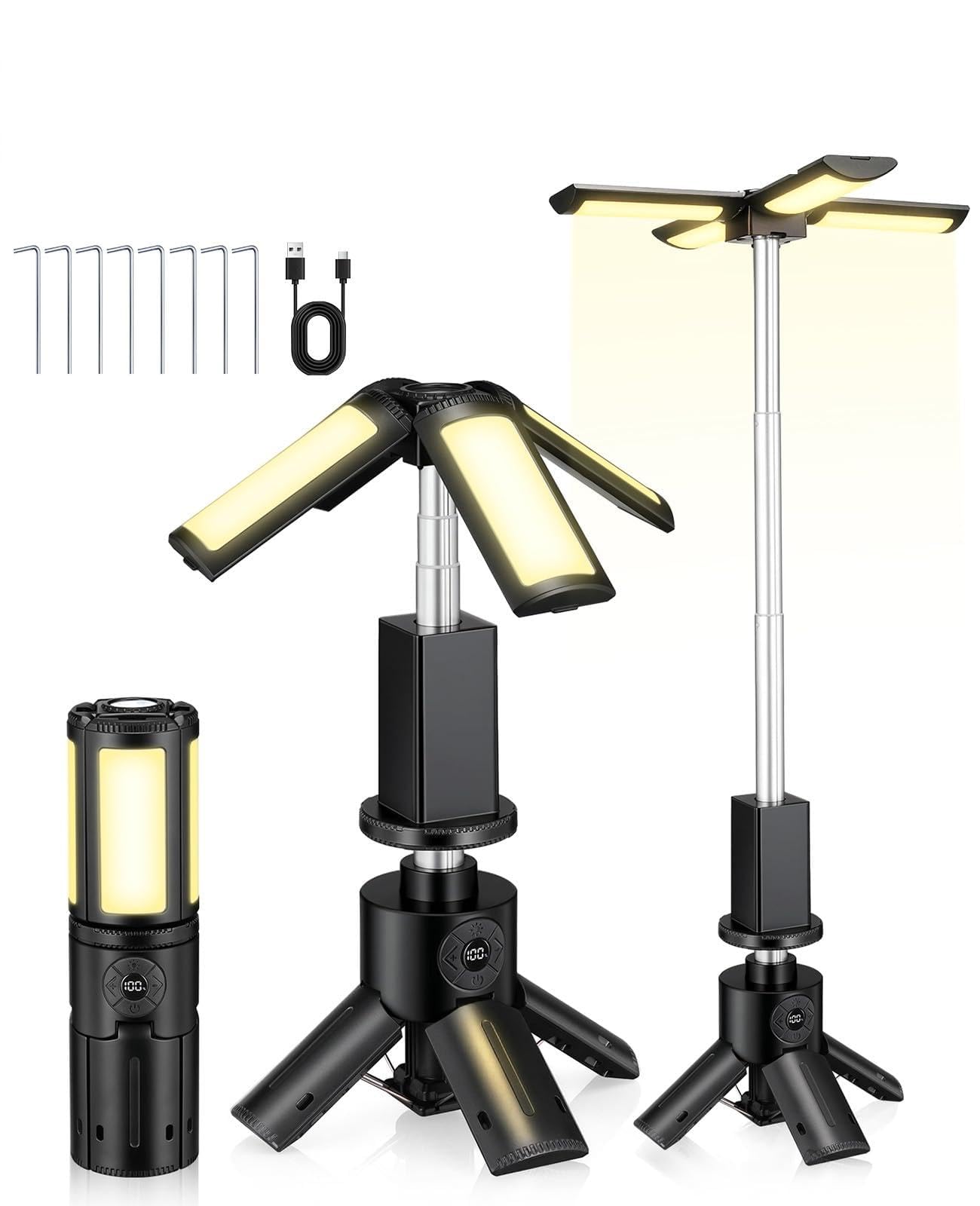 【Teleskop Wiederaufladbares Campinglicht】12000mAh Tragbare Campingleuchten mit Ständer - Outdoor Faltbare Campinglaternen mit 7200/5000/3600K Dimmbar IPX5 Wasserdicht für Wandern Camping