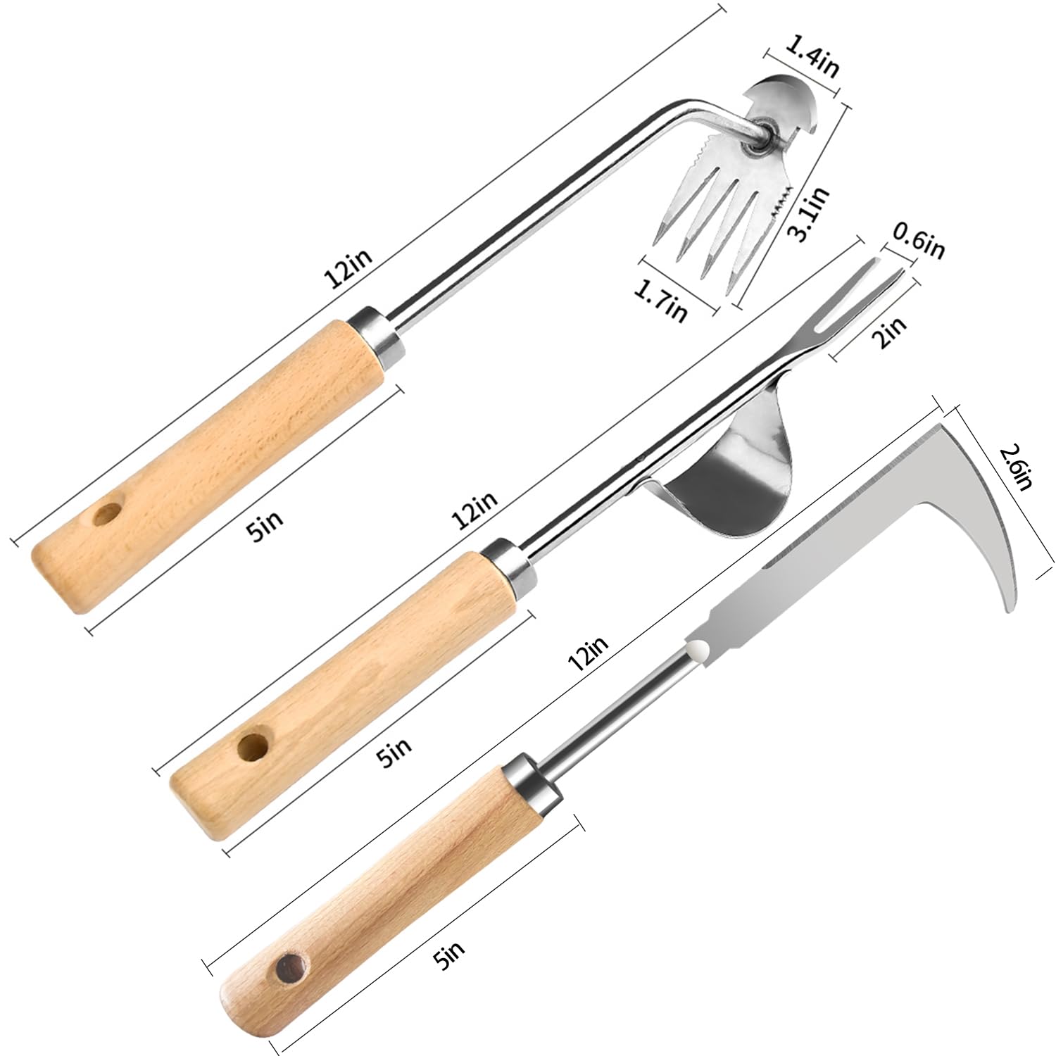 GANCHUN Weed Puller Tool, 3 Pack 2025 New Garden Stainless Steel Weeder Tool Hand Weeder Tool,Multi-Purpose Weed Remover Tool Weeding Tools for Gardening(Wooden Handle)