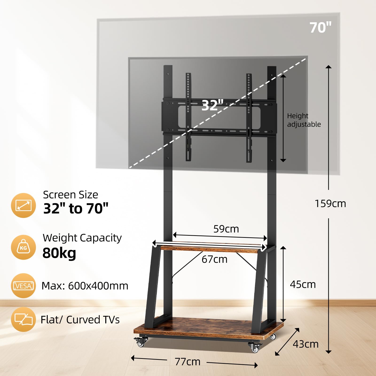 Dripex TV Ständer mit Rollen, höhenverstellbarer TV Rollwagen für 32-70 Zoll Fernseher bis 80 kg, mobiler TV Schrank mit 2 Ablagen für Wohnzimmer, Büro und Home Gym