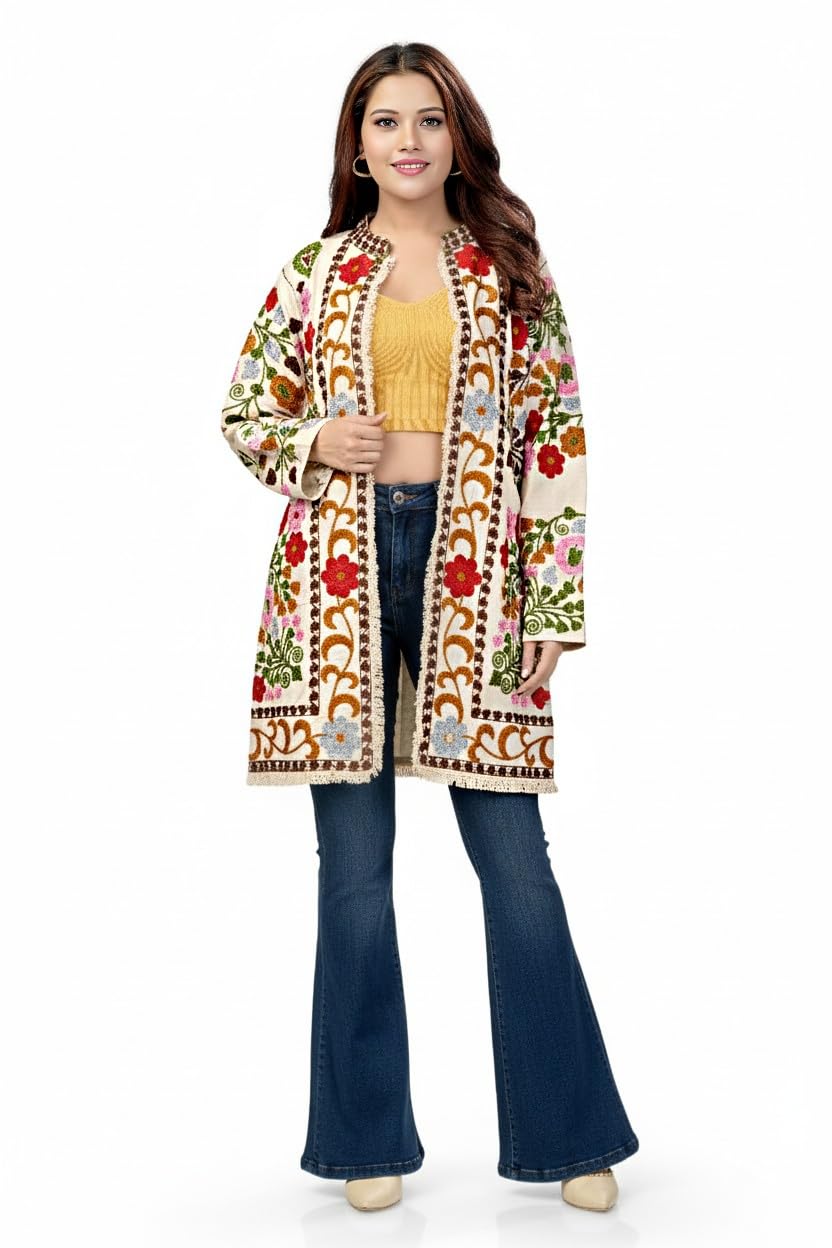 zeny creation Women's Floral Embroidered Open Front Jacket, Cream, Boho Style, Fringe Hem, Long Sleeve Coat-picture-16