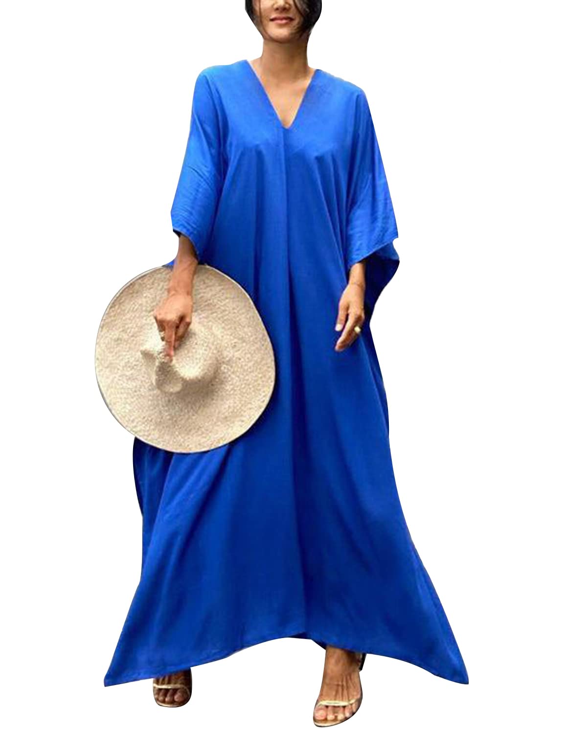 JENJON Women Cover up Kaften Dress Loose Maxi Pure Color Beach Bathing Suit Cotton Long Dresses