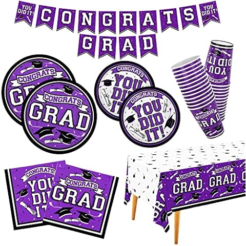 Graduation Party Supplies Graduation Party Dinnerware Set purple Disposable Paper Plates Napkins Cups Tablecloth Banner for 2023 Congrats Grad Party Decorations, Serve 25 Cover