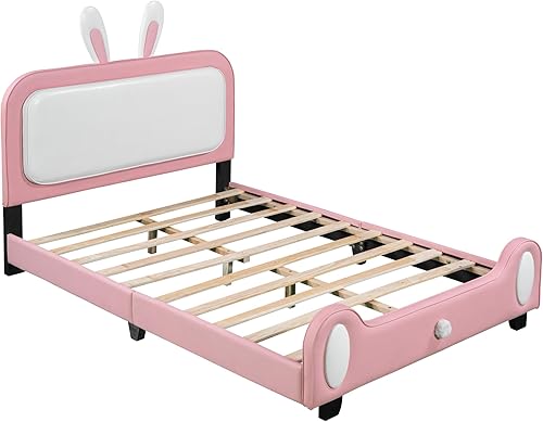 Miniatura 5 de Cama de princesa tapizada en forma de conejo de tamaño matrimonial, cama de plataforma de tamaño matrimonial con cabecera y estribo, marco de cama