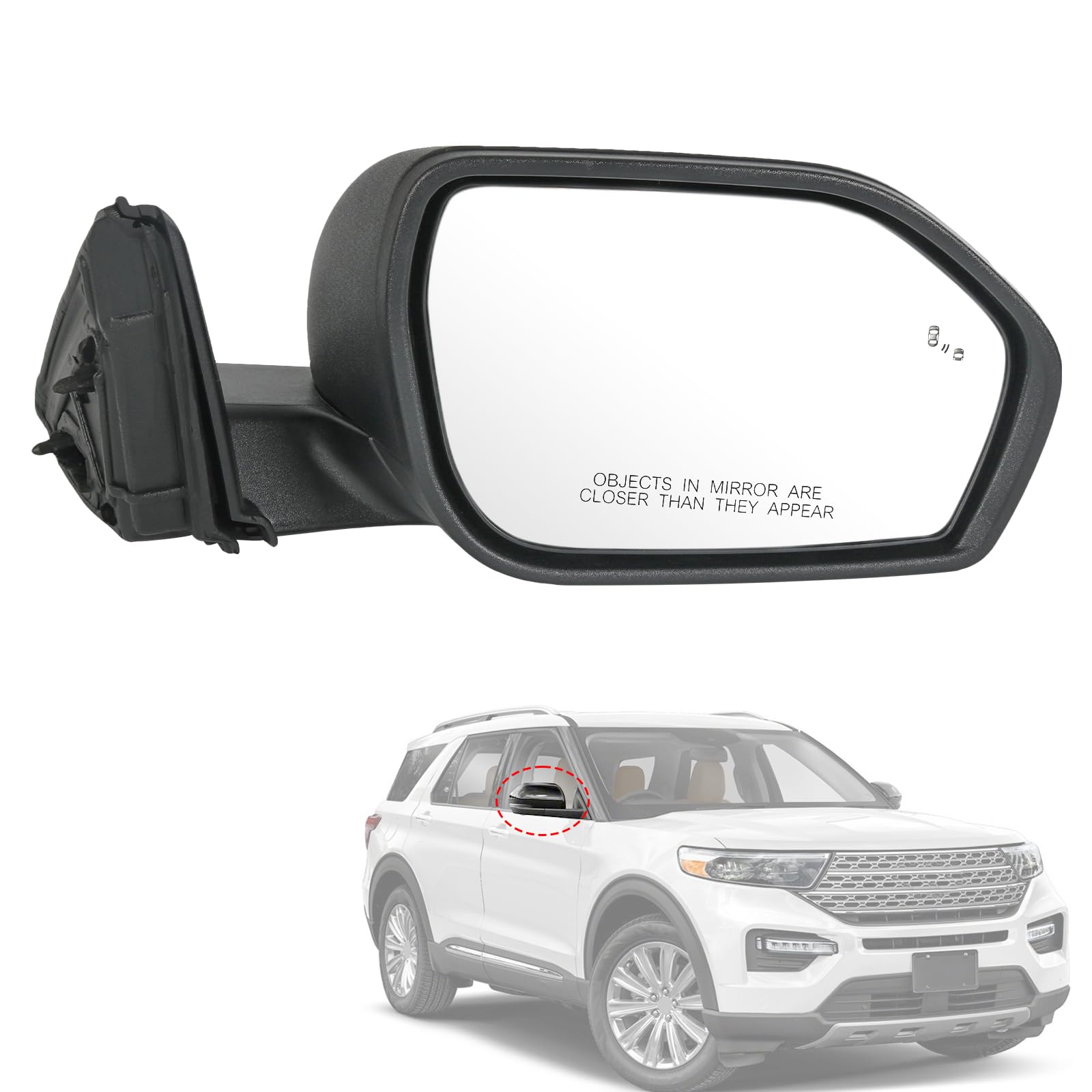 Door Mirror Right Passenger Side Replacement For Ford Explorer 2020 2021 2022 2023 2024 2025, Replace LB5Z17682AA, FO1321672 Blind Spot Black 5Pins