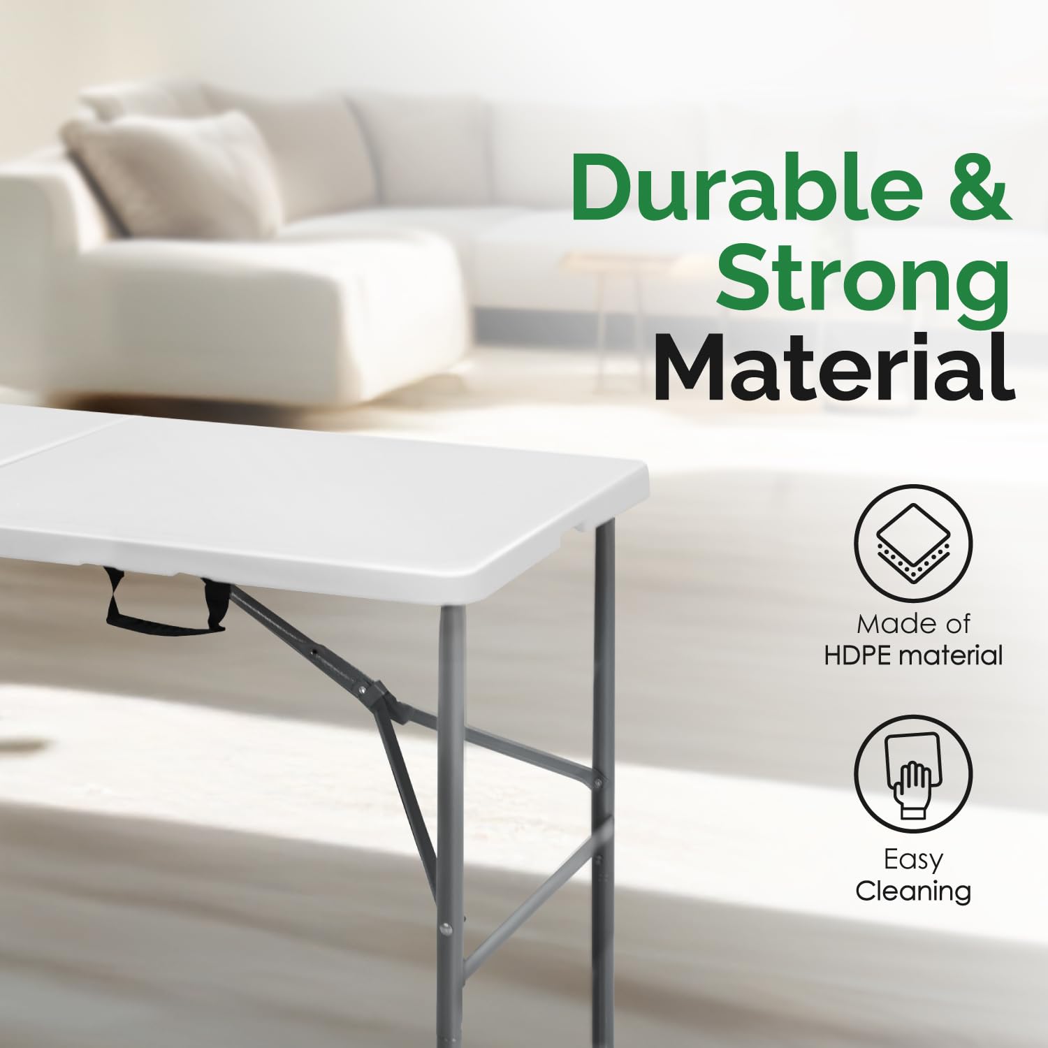 Weißer, robuster Klapptisch (120 cm) mit Griffen | Tragbarer Tisch für drinnen und draußen, ideal für Veranstaltungen, Camping, Partys, Essen etc. | Multifunktional, stabil, langlebig und le