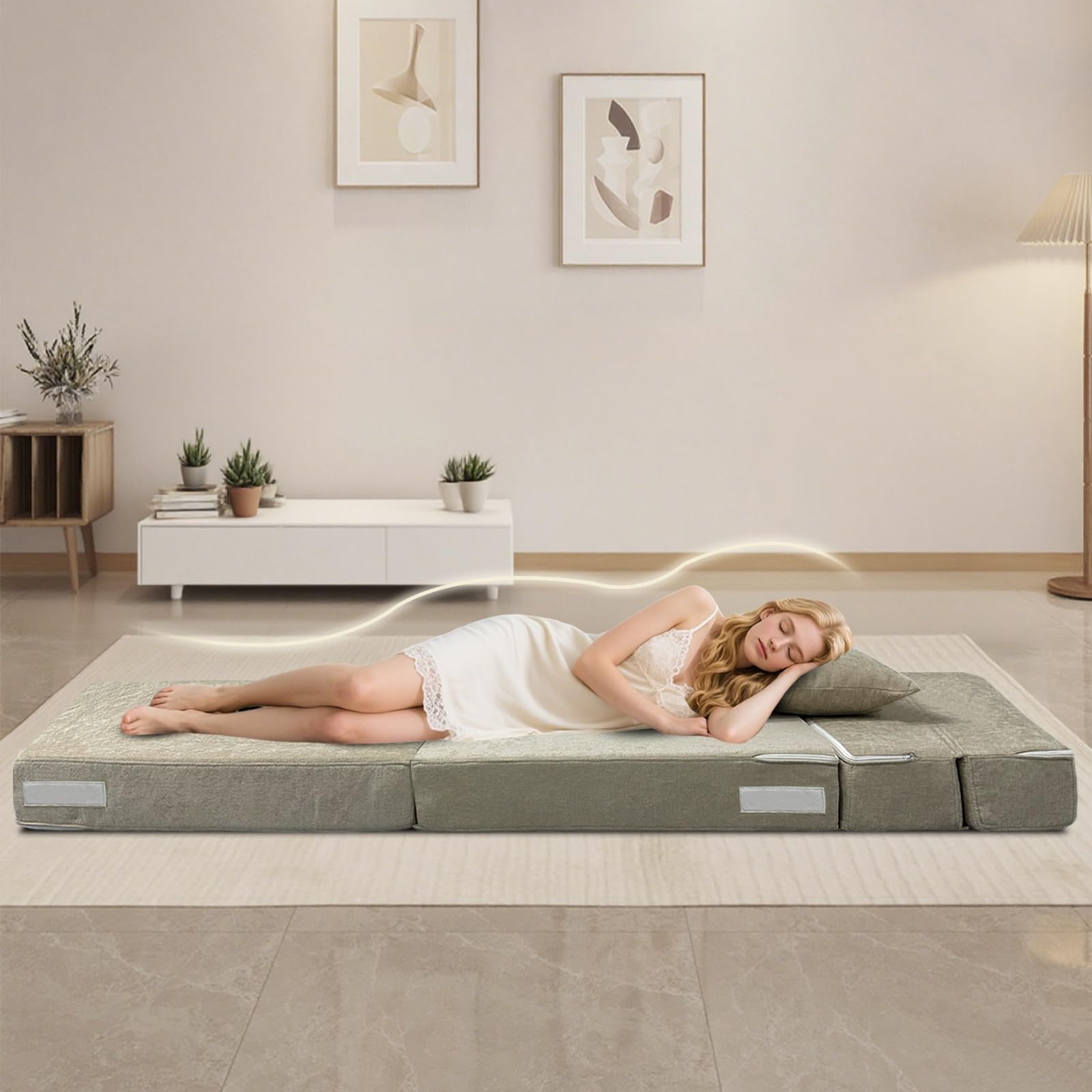 ANONER 100 x 190 cm Schlafsessel klappbar, Gästesofa Klappbar 100 x 190 cm, Schlafsofa Klappsessel mit Memory Schaum & Kissen, Faltbares Tragbarer Stuhl für Wohnzimmer Lofts, Waschbar Set, Beige