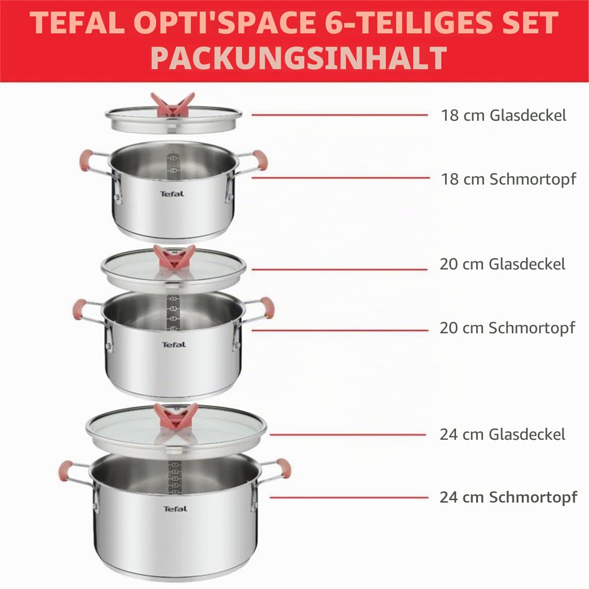 Tefal Optispace 3-teiliges Kochtopf-Set 18/20/24 cm + 3 Deckel, induktionsgeeignet, Thermo-Fusion, Messmarken, spülmaschinenfest und backofenfest, Edelstahl