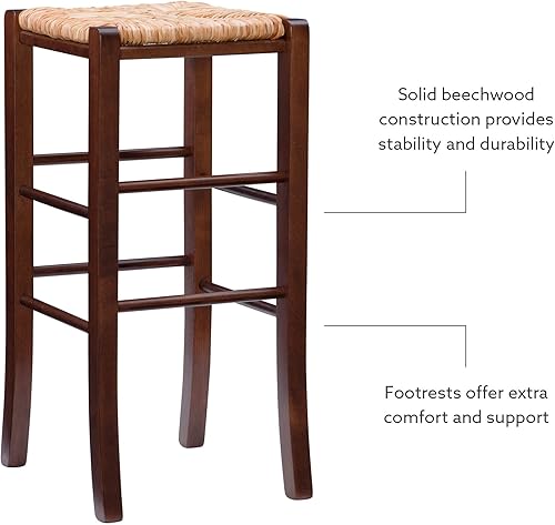Miniatura 11 de Linon Augustus Taburete de bar sin respaldo de nogal con asiento tejido de hierba marina, juego de 2 Nuez,Natural,Blanco