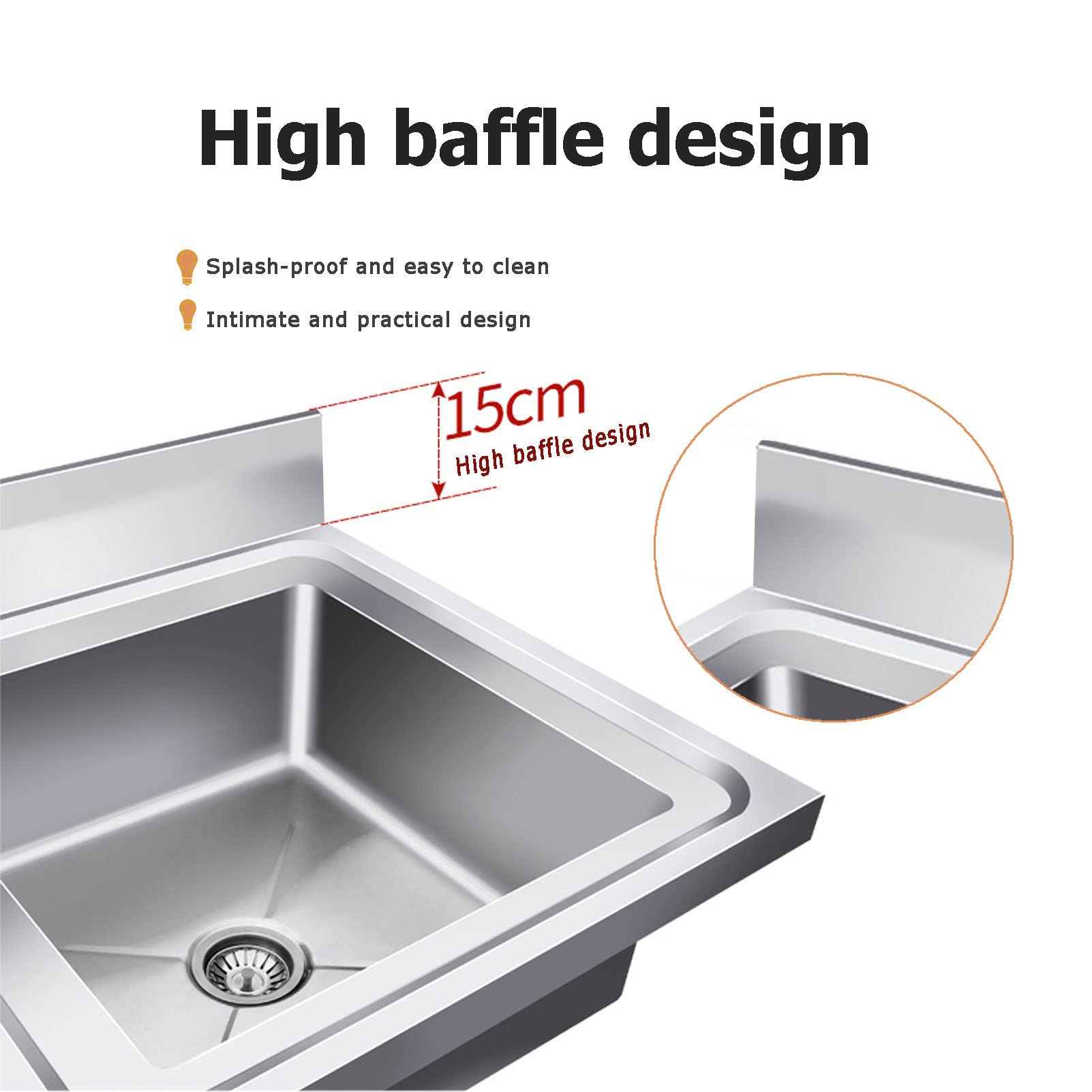 Fregadero de cocina de 50/60cm de un seno, fregadero de acero inoxidable con kit de desagüe (comedor, sótano, garaje, lavandería)