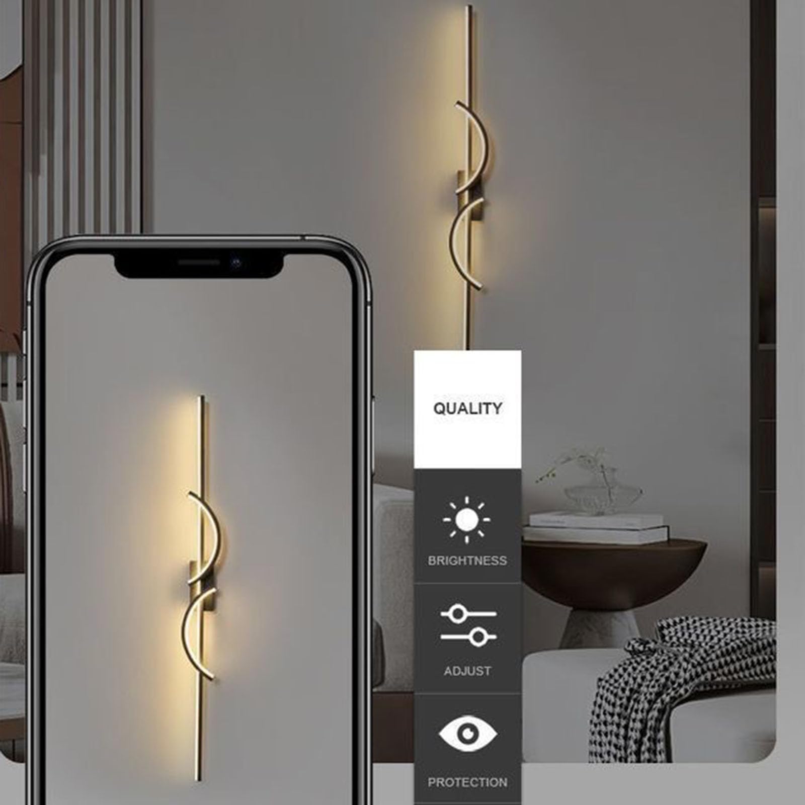 Nowoczesna czarna aluminiowa lampa ścienna z długimi paskami falistymi, zakrzywiona lampa ścienna do przedpokoju, lampka nocna (neutralne światło, 60 cm)