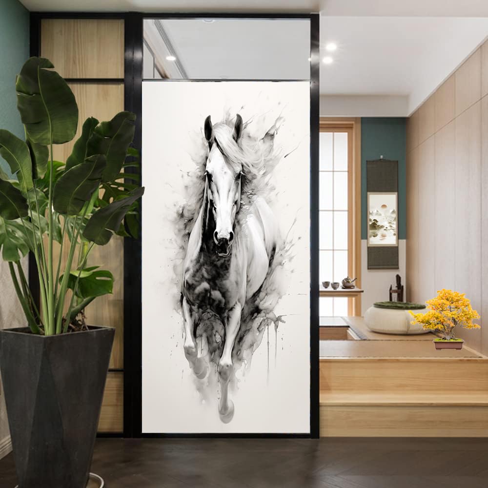 Vintage Pferd Fensterfolie Heat Blocking Ink Painting Weiß Tier Modern Sichtschutz Fenster Dekor Glastür Abdeckung Nicht klebende Fensteraufkleber für Badezimmer Küche 80 * 140 cm