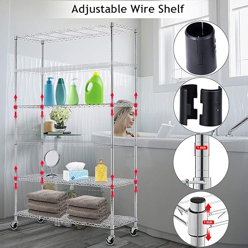 Miniatura 6 de Estantería de alambre NSF resistente para oficina, sótano, cocina, estantes de almacenamiento de metal ajustables con ruedas de 48 x 18 x 82