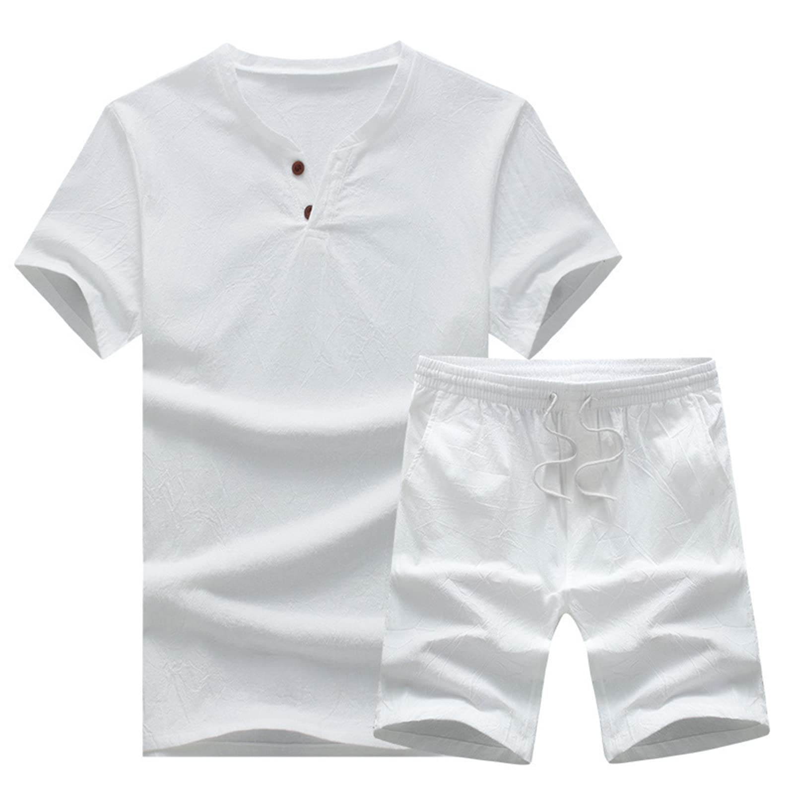 Mens 2 Piece Tracksuit Casual Shirts Short Sleeve Linen Cotton T-Shirts and Shorts Set Summer Pajamas Suit