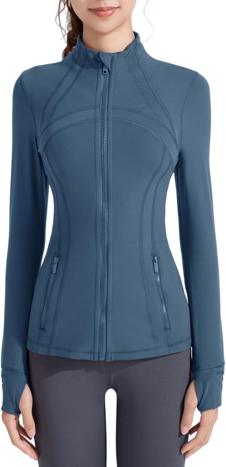Women's Yoga Jacket With Stand Collar Running Fitness Long Sleeve Zipper Jacket With Thumbhole